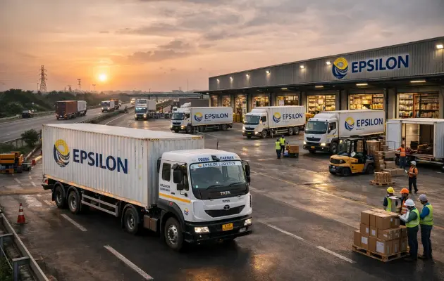 Logistics hub with container trucks and warehouse cargo handling