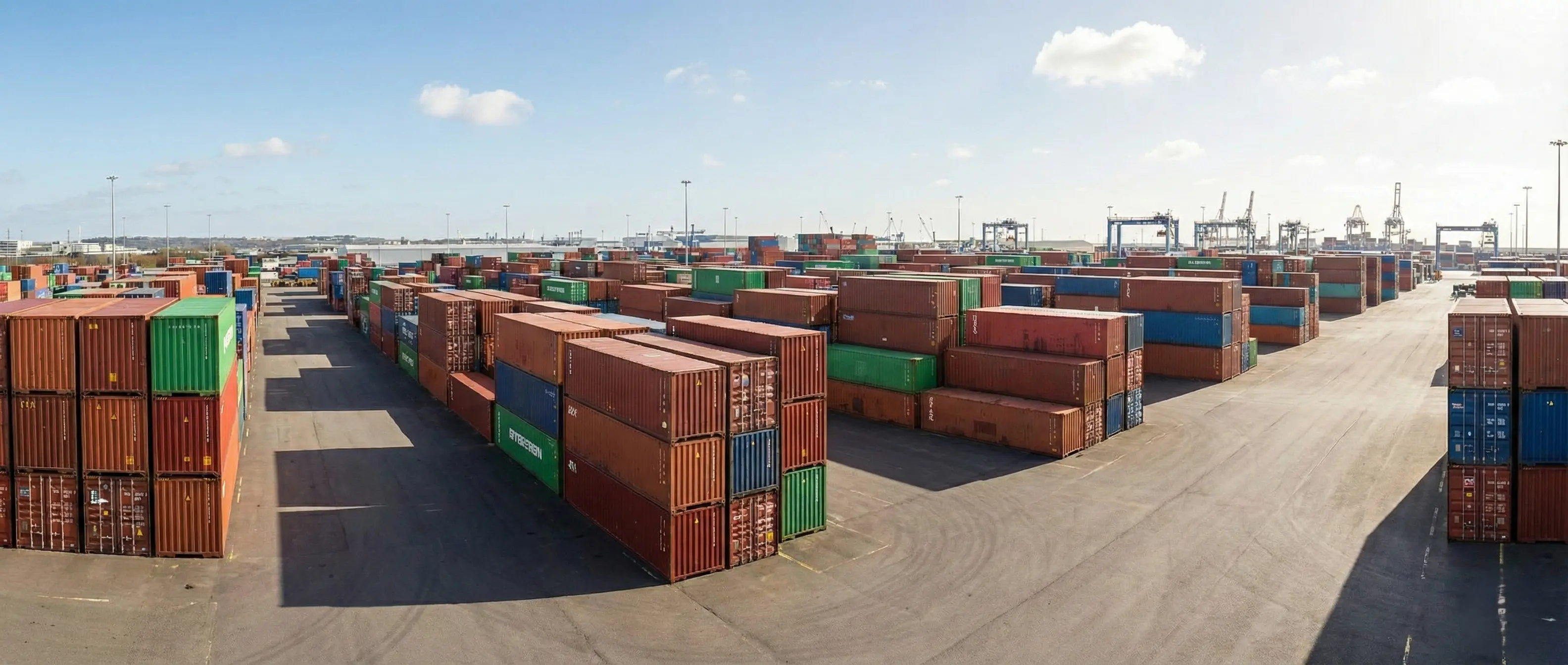 Container yard with stacked shipping containers at logistics terminal