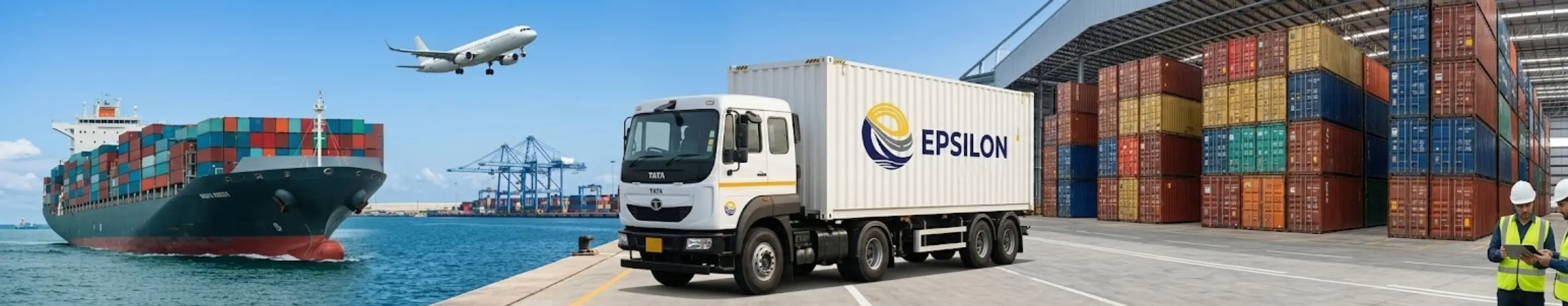 Multimodal logistics with container ship, rail freight, road transport, and air cargo