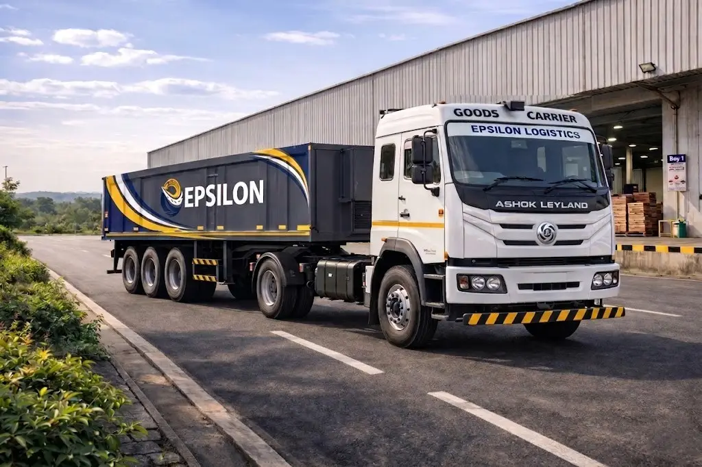 Container truck at warehouse facility for goods transport and logistics
